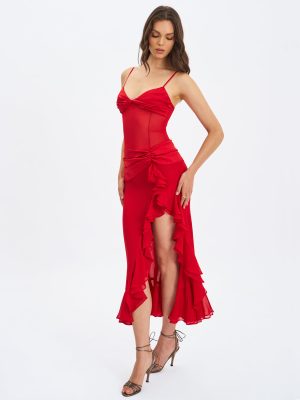 Dahlina Red Ruched Waist High Slit Maxi Dress