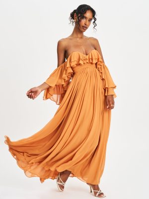 Kaela Brickwork Off Shoulder Chiffon Maxi Dress