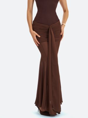 Giovana Espresso Sweetheart Draped Mesh Mermaid Maxi Dress