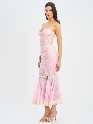 Pallas Pink Lace Trim Crochet Mermaid Maxi Dress
