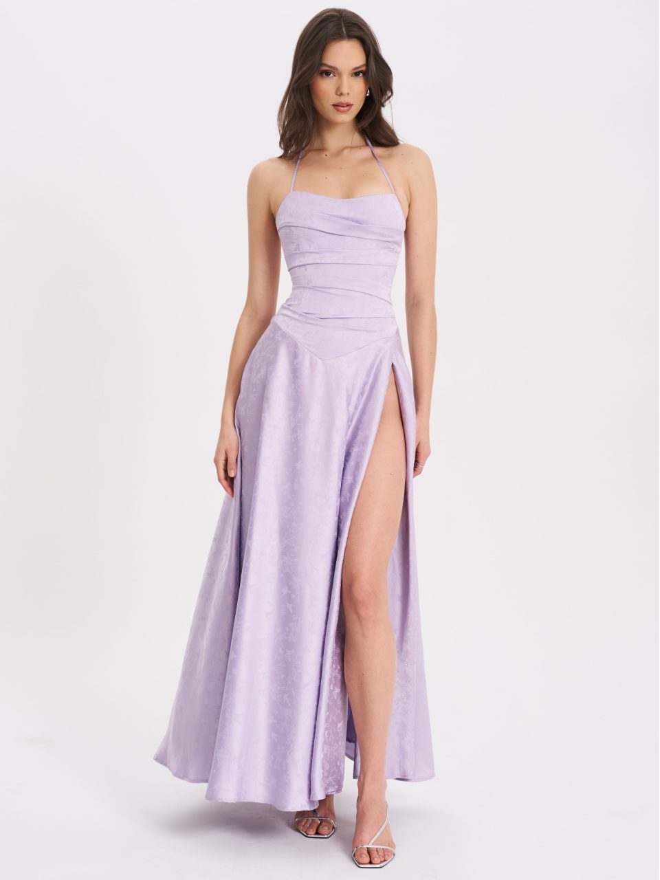 Raegan Taro Purple Jacquard Rouched Maxi Dress