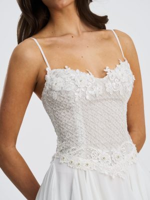 Fabiola Lace Trim Silver Net Top Mini Flare Chiffon Dress