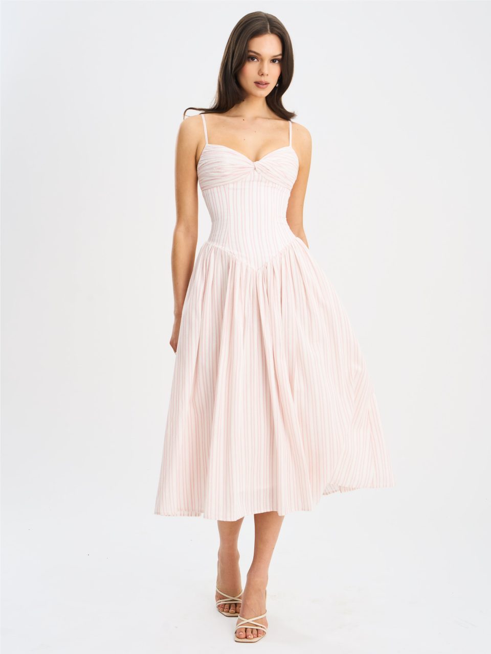 Zania Pink Stripe Ruched Breast Cotton Jacquard Midi Dress