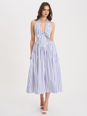 Mackenna Navy Stripe Halter Smock Back Maxi Dress
