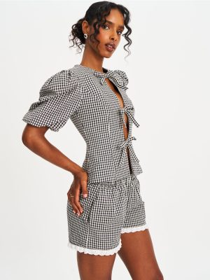 Qusayla Black Gingham Bubble Sleeve Bowtie Top
