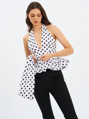 Ilene White and Black Polka Dot Bubble Hem Halter Top