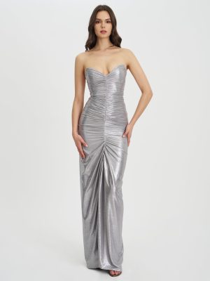 Sable Ruched Silver Glitter Mermaid Gown