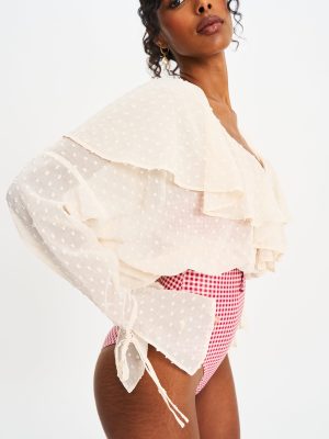 Magali Beige Dotted Mesh Ruffle V Collar Top