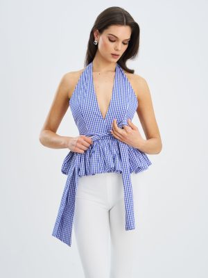Ilene Blue and White Checkered Bubble Hem Halter Top