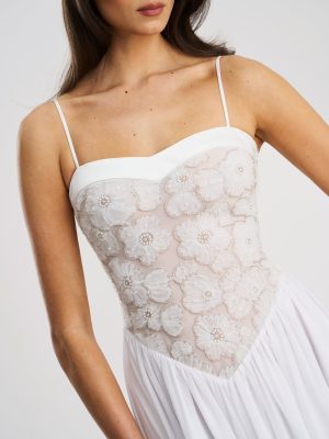 Ucille White Embroidered Chiffon Maxi Dress