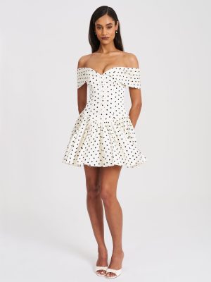 Edeline Polka Dot Off-shoulder Pleated Mini Dress