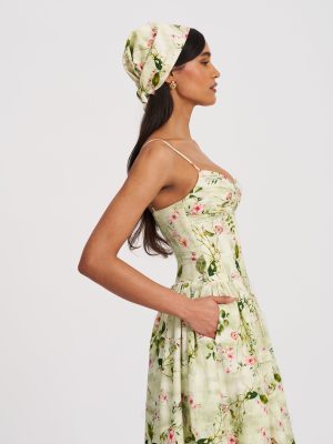Jacinda Green Floral Print Ruched Breast Linen Midi Dress