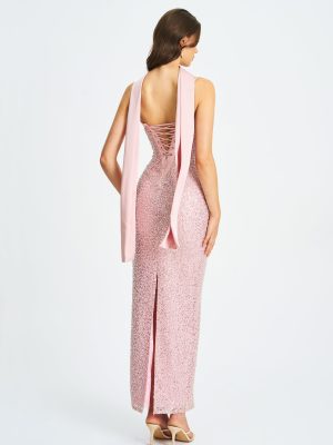 Raizel Pink Beaded Sequin Bodycon Gown with Scarf