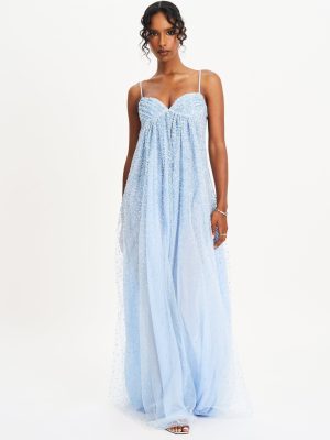 Wallie Baby Blue Rhinestone Embellished Mesh Backless Gown