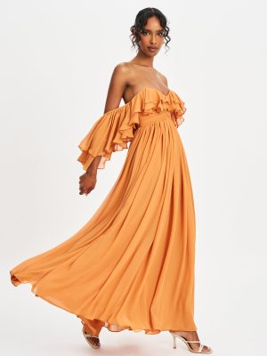 Kaela Brickwork Off Shoulder Chiffon Maxi Dress