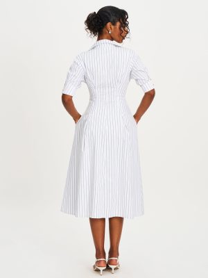 Palina Pinstripes Cotton Poplin Pleated Midi Preppy Shirt Dress