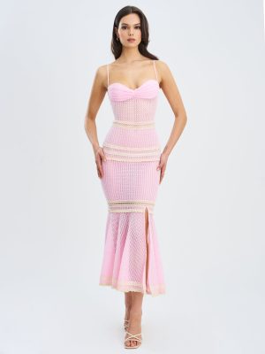 Pallas Pink Lace Trim Crochet Mermaid Maxi Dress