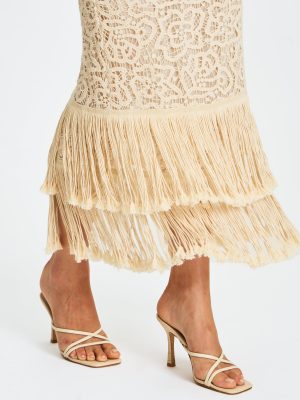 Faelyn Off-White Double Fringe Crochet Halter Maxi Dress