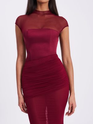 Fabienne Burgundy Mesh Cap Sleeve Mermaid Gown