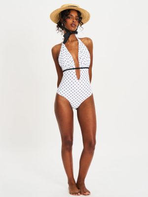 Olive White Base Polka Dot Ruched Breast Halter Backless Swimsuit