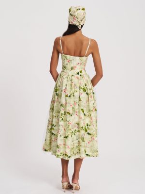 Jacinda Green Floral Print Ruched Breast Linen Midi Dress