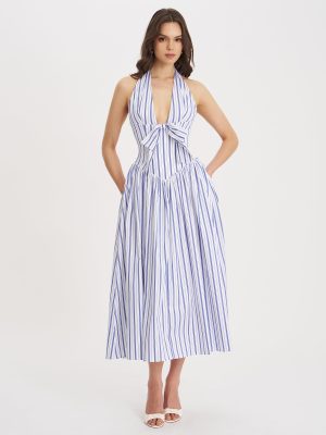 Mackenna Navy Stripe Halter Smock Back Maxi Dress