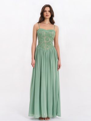 Ucille Sage Green Embroidered Chiffon Maxi Dress