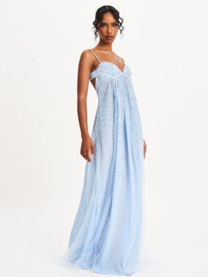 Wallie Baby Blue Rhinestone Embellished Mesh Backless Gown