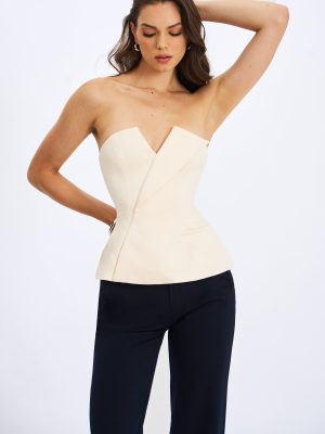 Yani Ivory Asymmetrical Lapel Sleeveless Peplum Top