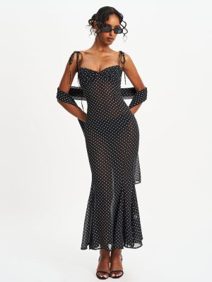 Yadira Black Base Polka Dot Chiffon Maxi Dress