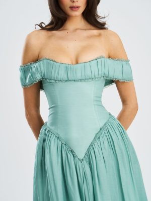Xavy Teal Green Off Shoulder Corset Midi Dress