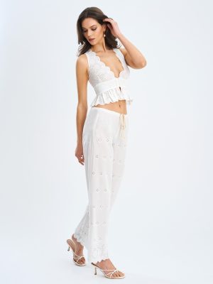 Raina White Cotton Eyelet Straight Pants