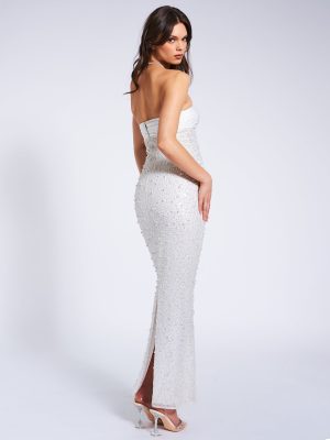 Lainey White Satin Sequin Pearls Beaded Maxi Dress