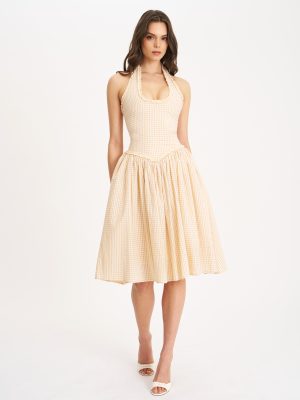 Idella Yellow Gingham U Neck Midi Dress