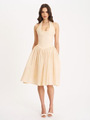 Idella Yellow Gingham U Neck Midi Dress
