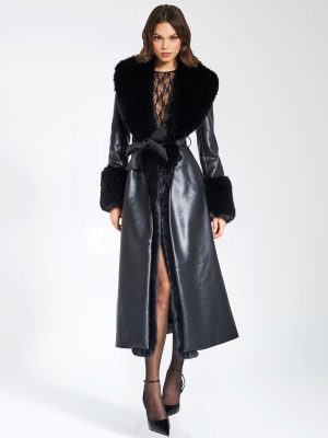 Zaida Black Vegan Fur Trim Black Vegan Leather Coat