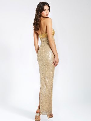 Lainey Gold Satin Sequin Pearls Beaded Maxi Dress