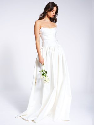 Umay White Drop Waist Satin Corset Bridal Gown