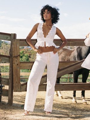 Raina White Cotton Eyelet Straight Pants