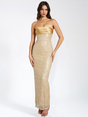 Lainey Gold Satin Sequin Pearls Beaded Maxi Dress