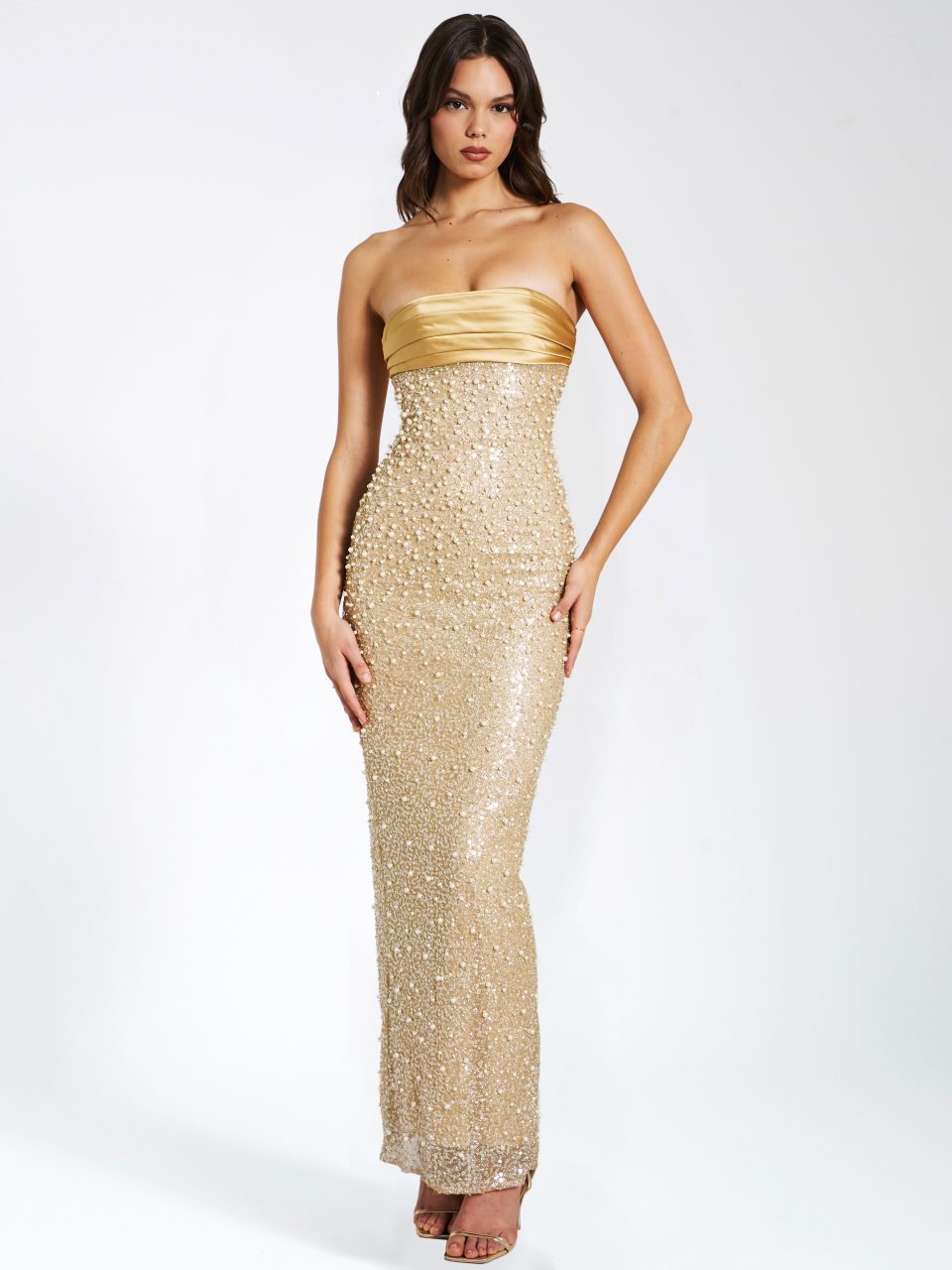 Lainey Gold Satin Sequin Pearls Beaded Maxi Dress