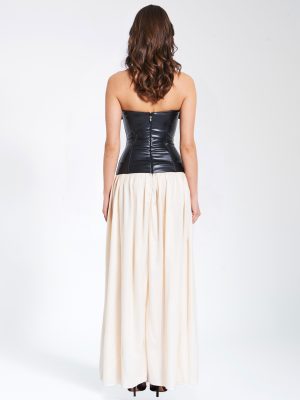 Maayan Black Vegan Leather Corset High Slit Drop Waist Maxi Dress