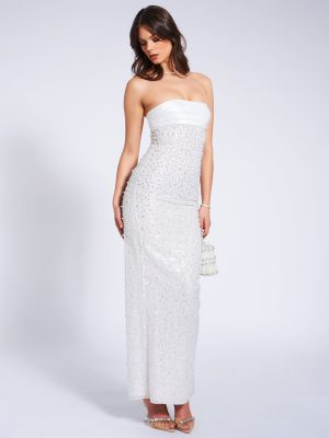 Lainey White Satin Sequin Pearls Beaded Maxi Dress