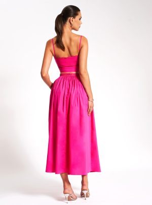 Martha Fuchsia Cotton Poplin Maxi Skirt With Lace Trim