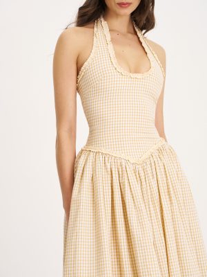 Idella Yellow Gingham U Neck Midi Dress