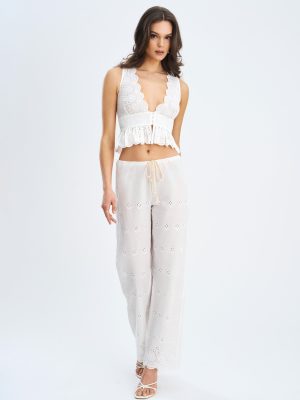 Raina White Cotton Eyelet Straight Pants