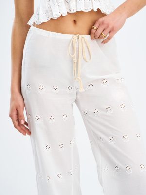 Raina White Cotton Eyelet Straight Pants