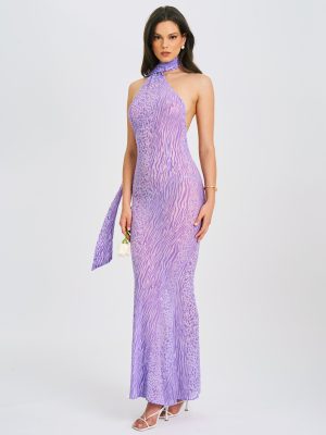 Olena Purple Burnout Velvet Animal Print Mesh Halter Neck Maxi Dress