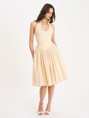 Idella Yellow Gingham U Neck Midi Dress