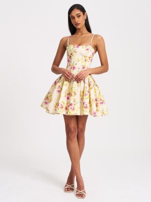 Valda Yellow and Pink Print Linen Mini Dress with Pockets